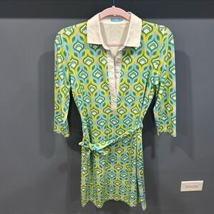 J McLaughlin Size M Retro Print Collared Tie Waist Catalina Cloth Dress